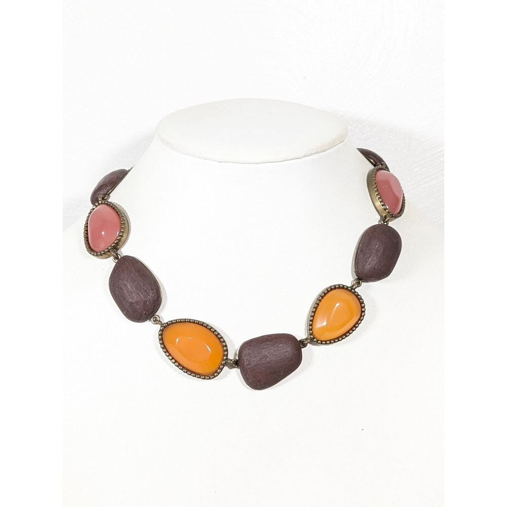 Brown Pink Orange Cabochon Statement Necklace Bronze Tone Boho Bib 20"‎